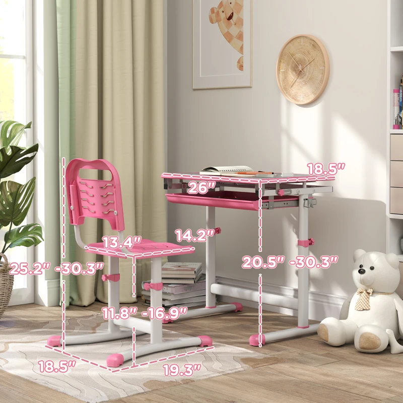 Qaba Height Adjustable Kids Desk and Chairs Set with Tilt Desktop, Storage Drawer, Pen Slot, Hook, Pink
