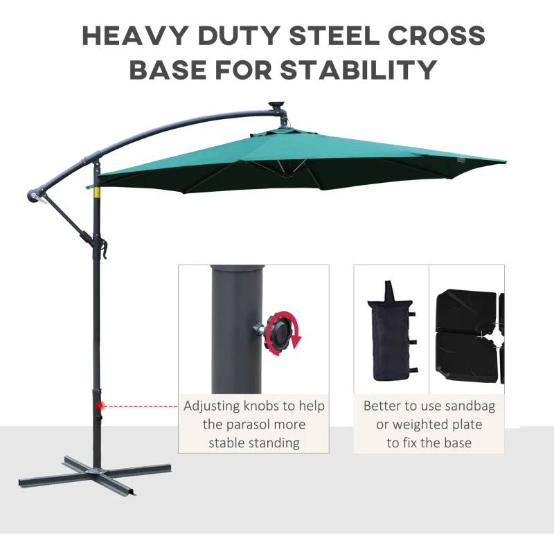 Outsunny 10ft Cantilever Solar Hanging Offset Umbrella Outdoor LED Lights Aluminum Market Banana Parasol Crank w/ Cross Base Garden Sun Shelter Green