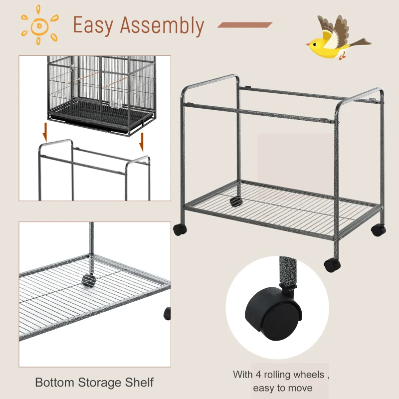 PawHut 30'' Large Rolling Metal Bird Cage Bird House with Detachable Rolling Stand, Storage Shelf, Wood Perch Food Container - Black
