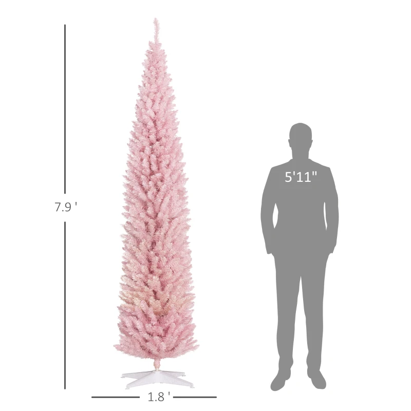HOMCOM 8ft Pencil Christmas Tree, Slim Artificial Christmas Tree with Realistic Branches and Warm White LED Lights, Pink