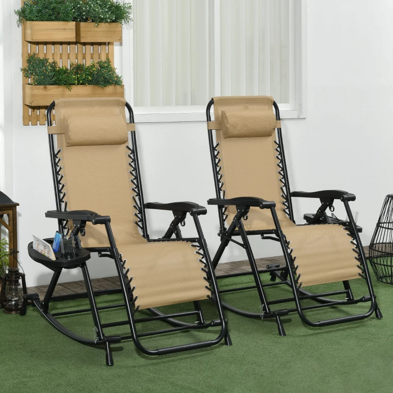 Outsunny 2 Outdoor Rocking Chairs Foldable Reclining Zero Gravity Lounge Rockers w/ Pillow Cup & Phone Holder, Beige