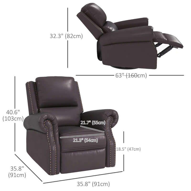 HOMCOM Swivel Recliner Chair, Reclining Sofa, PU Leather Rocker with Thick Padded Back and Seat for Living Room, Brown