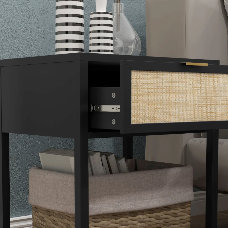 HOMCOM Boho Nightstand, Bedside Table with Rattan Drawer and Open Shelf, Side End Table for Bedroom, Living Room, Black