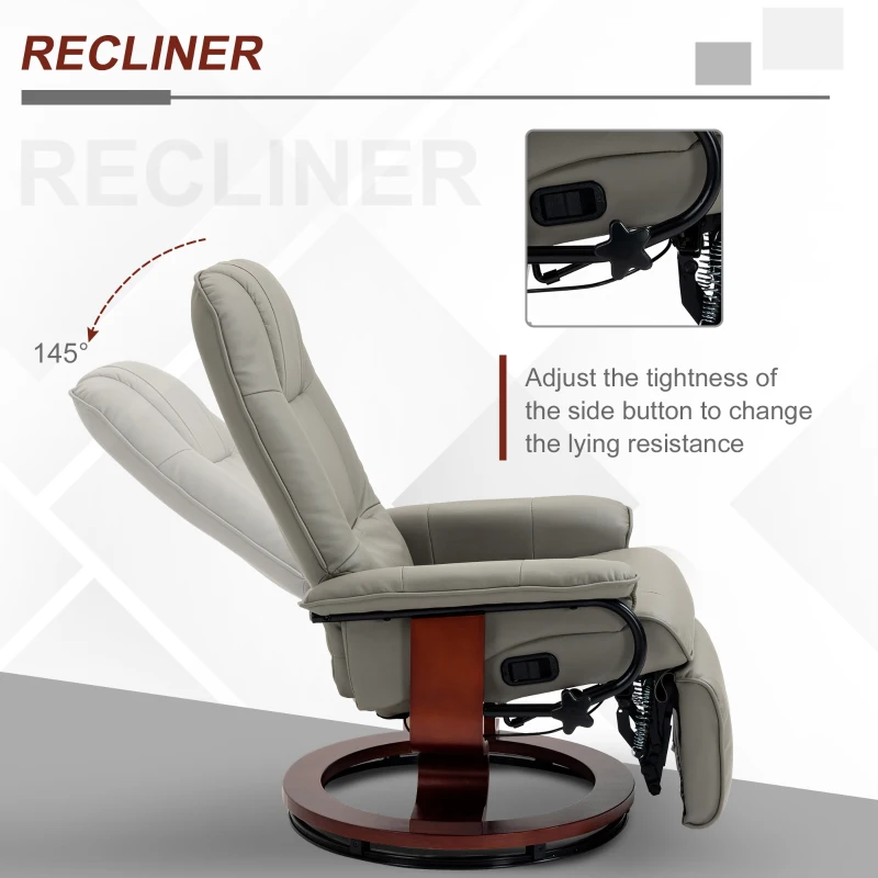HOMCOM Faux Leather Manual Recliner, Adjustable Swivel Lounge Chair with Footrest, Armrest and Wrapped Wood Base for Living Room, Gray(m-4)