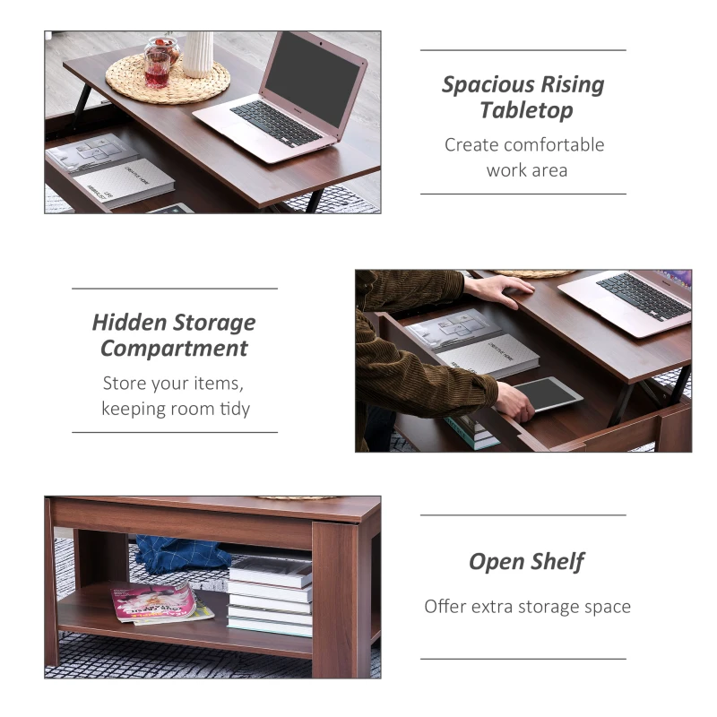 HOMCOM Modern Lift Top Coffee Table, Convertible Center Table with Hidden Storage Compartment and Storage Shelf for Living Room