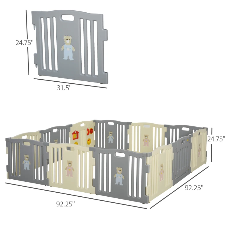 Qaba 12 Panel Baby Enclosure, Baby Playpen, Kids Play Pen Safety Gate Kids Activity Center Fence for Home Indoor w/ Toy