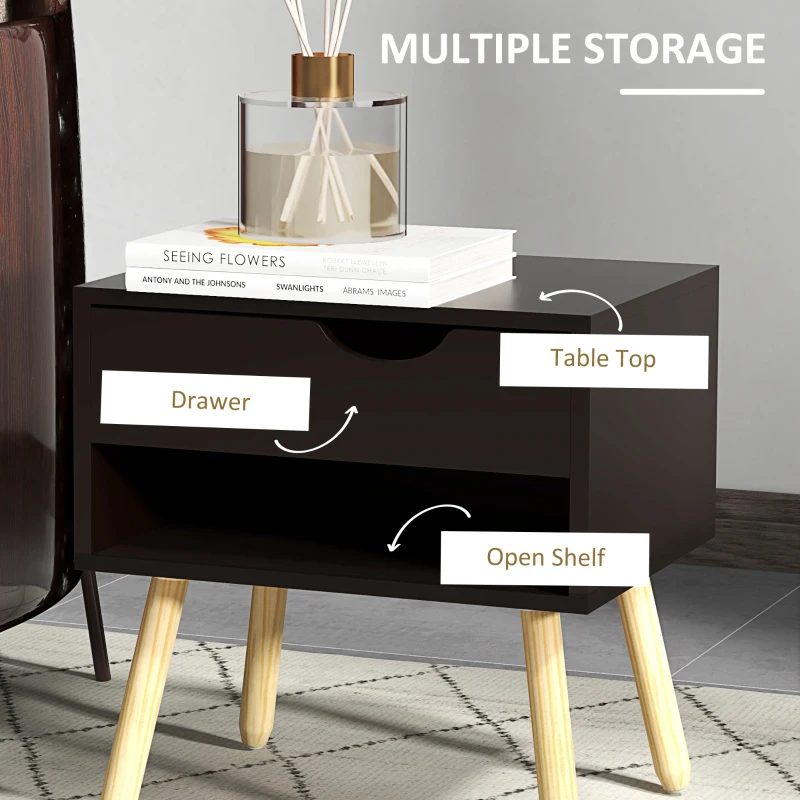HOMCOM Set of 2 Nightstands with Storage Drawer and Shelf, Modern Bedside Table for Bedroom, Black