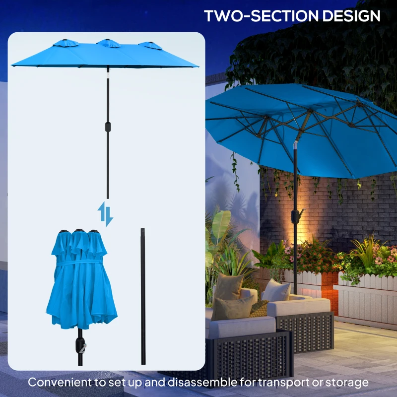 Outsunny Double-sided Patio Umbrella, 9.5' Outdoor Umbrella with Push Button Tilt and Crank, 3 Air Vents and 12 Ribs, Cyan Blue