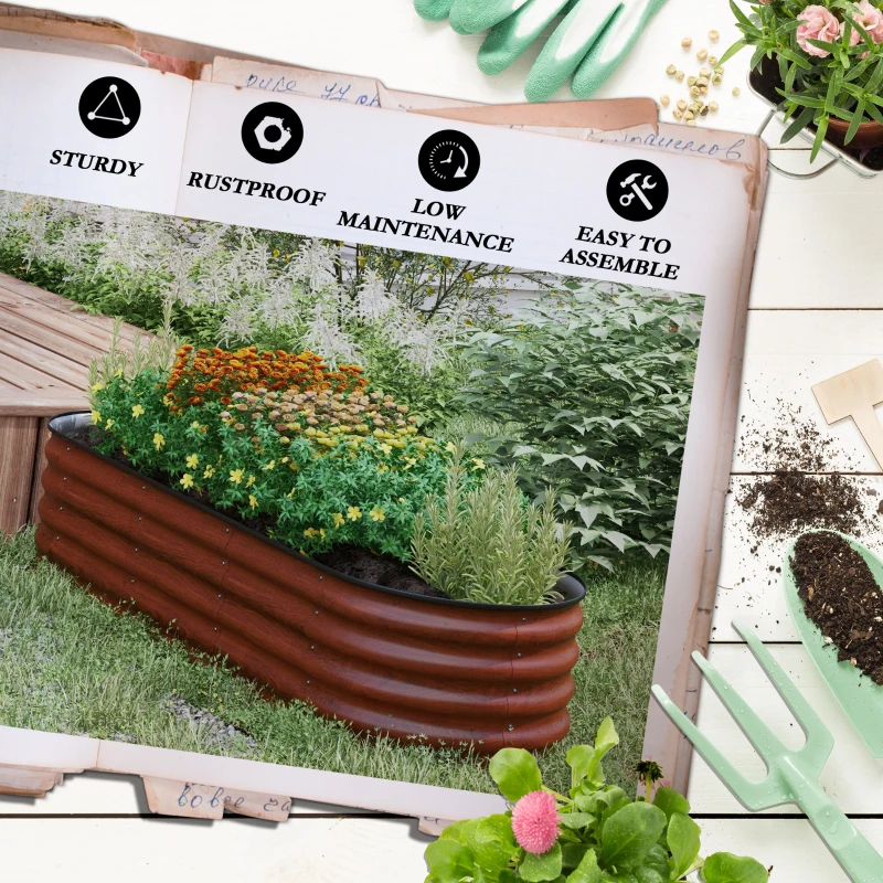 Outsunny 6.4' x 2' x 1.4' Galvanized Raised Garden Bed Kit, Metal Planter Box with Safety Edging, Brown