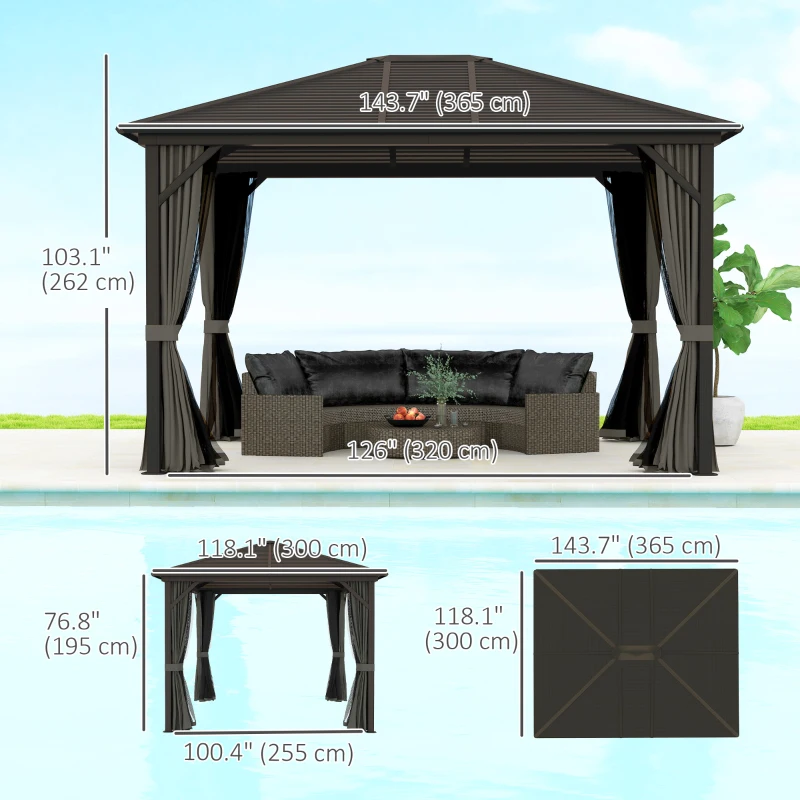 Outsunny 10' x 12' Deluxe Hardtop Gazebo with Metal Roof, Aluminum Frame Patio Gazebo Garden Sun Shelter Outdoor Pavilion with Curtains and Netting, Grey