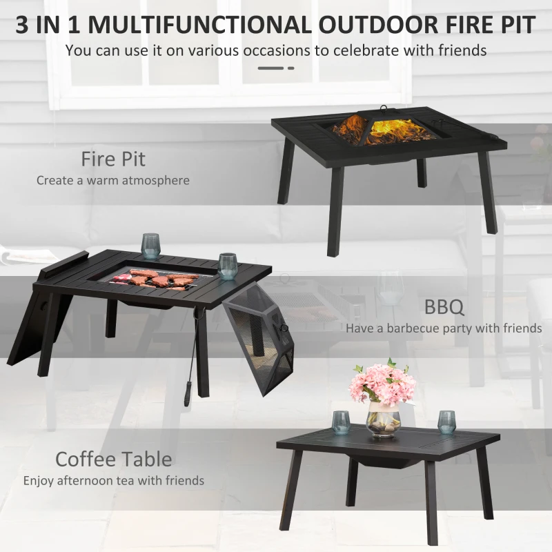 Outsunny 34" Fire Pit with Grill, Metal Outdoor Wood Burning Firepit with Spark Screen, Fire Poker, Cover, Table Lip, Black