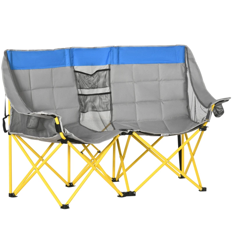 Outsunny 62" W Double Seat Camping Chair Folding Lawn Loveseat w/ Storage Pocket & Cup Holder Compact in a Bag for Outdoor, Beach, Picnic, Hiking, Travel, Blue