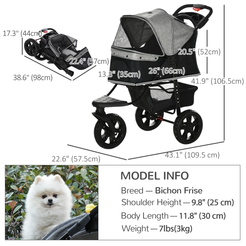 PawHut 3 Wheel Folding Dog Stroller, Travel Carrier with Adjustable Canopy, Storage Brake, Mesh Window for S&M Dogs Grey