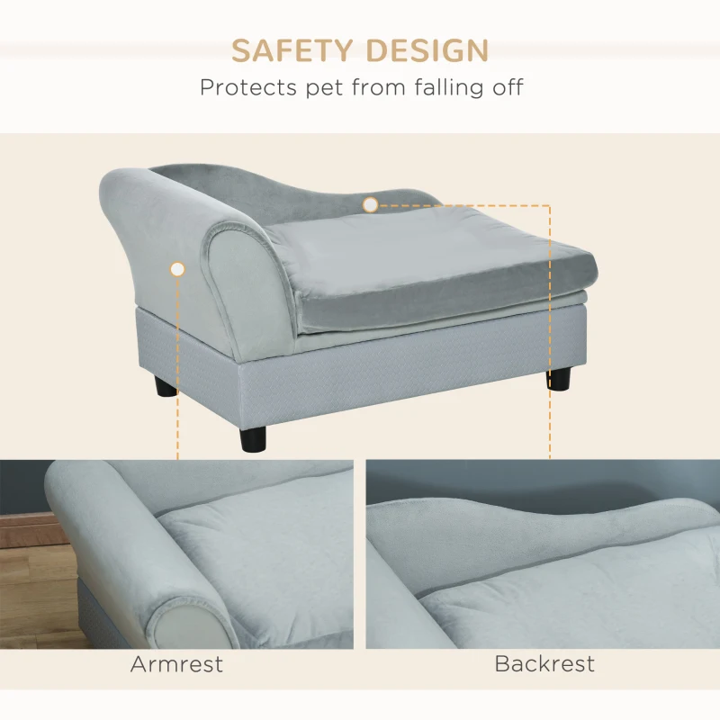 PawHut Pet Sofa Dog Couch Chaise Lounge Pet Bed with Storage Function Small Sized Dog Various Cat Sponge Cushioned Bed Lounge, Light Grey
