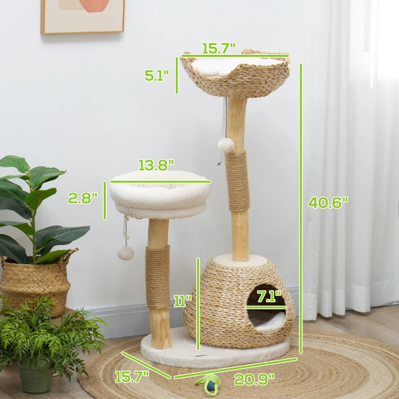 PawHut 41" Cat Tree for Indoor Cats with Wooden Cat Scratching Posts, Cat Condo, Cat Beds & Toy Balls, Cream White