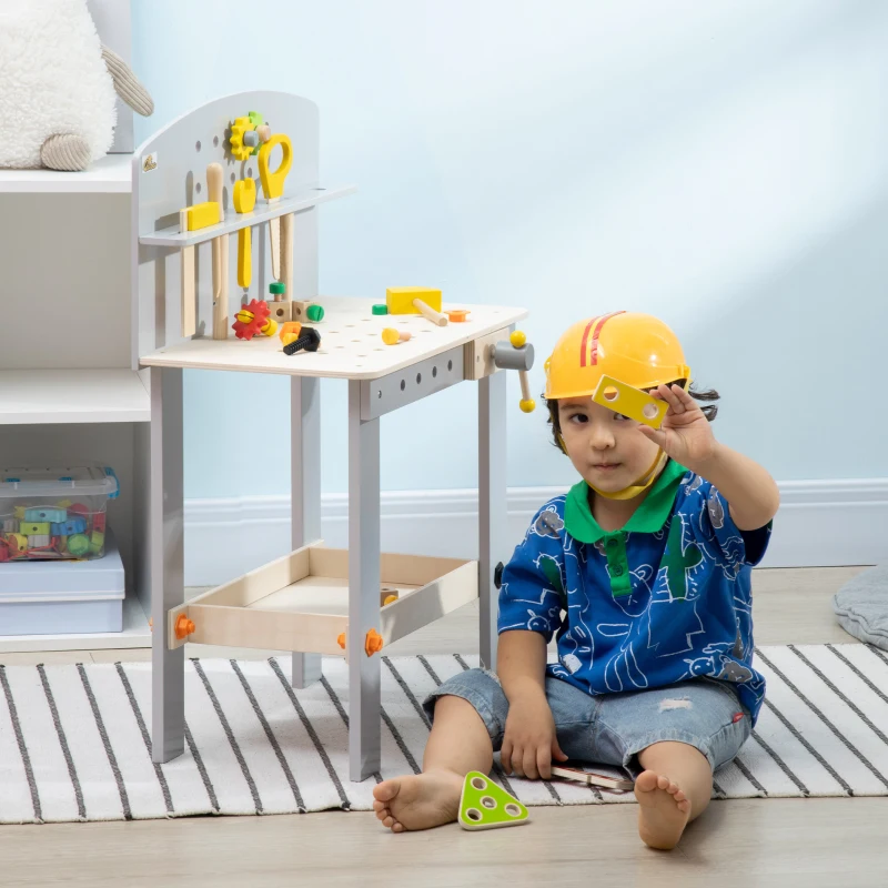 Qaba Wooden Kids Tool Bench with 31 Piece Kids Tool Kit, Workbench Playset, Construction Work Shop Toy for Girls and Boys Ages 3-6 with Storage Shelf