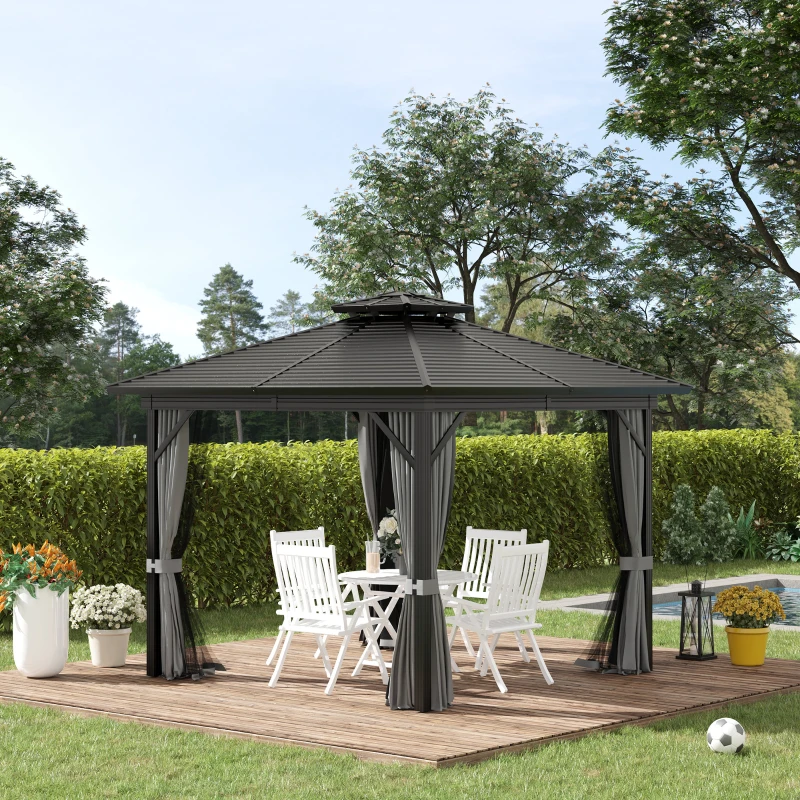 Outsunny 10' x 10' Hardtop Gazebo, Aluminum Frame Garden Sun Shelter with Double Tier Metal Roof, Mosquito Netting, Curtains, and Hanging Hook, Grey