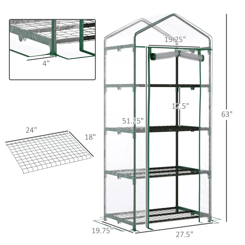 Outsunny 28" x 20" x 63" Portable Greenhouse with 4 Tier Shelves Outdoor Hot House Plant Flower Greenhouse, Steel Frame, PVC Cover, Transparent