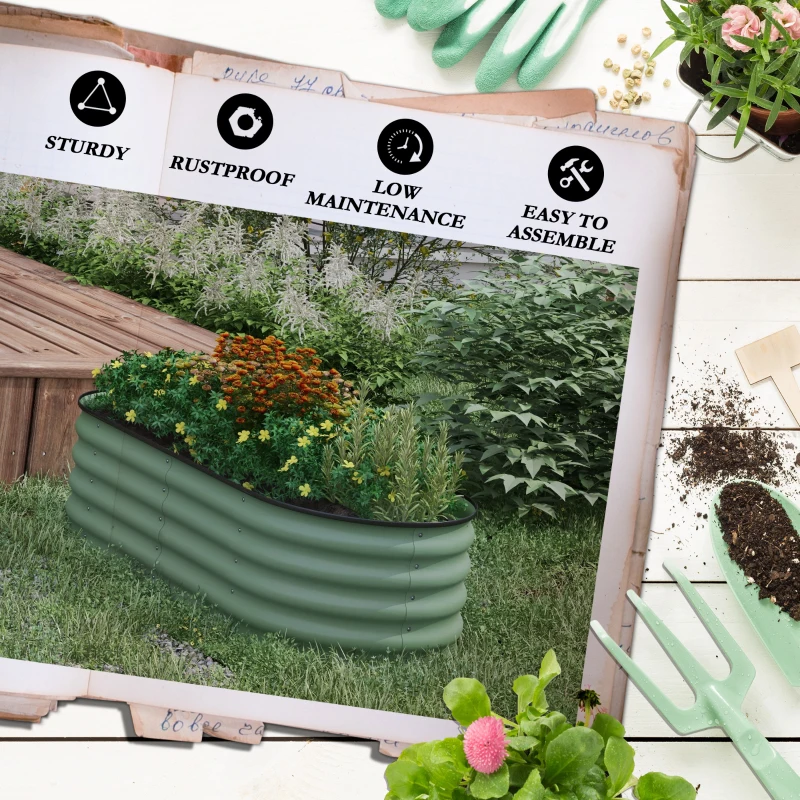 Outsunny 4.9' x 2' x 1.4' Galvanized Raised Garden Bed Kit, Metal Planter Box with Safety Edging, Green