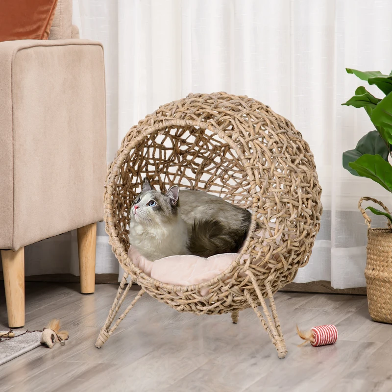PawHut 20.5" Weaved Cat Bed, Elevated Hand-woven Braided Banana Leaf Kitten House Condo with Cushion, Beige