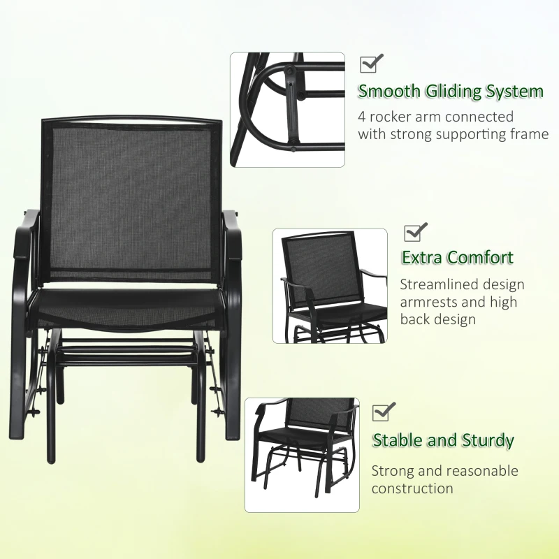 Outsunny 3 Piece Patio Glider Set Outdoor Gliders with Breathable Mesh Seat, Glass Top Table for Garden, Yard, Black