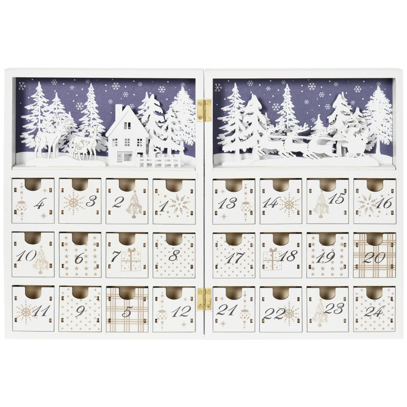 HOMCOM Wooden Christmas Advent Calendar Book, Table Holiday Decoration with 24 Countdown Drawers, for Kids and Adults, White