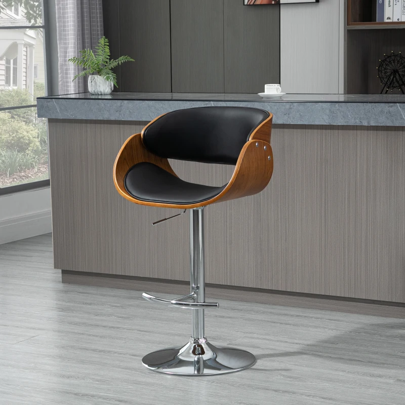 HOMCOM Modern Adjustable Bar Stool, Bentwood Bar Chair, PU Leather Swivel Barstool with Back, Footrest, Black and Walnut