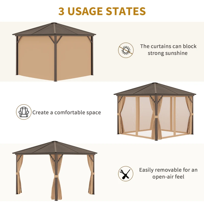 Outsunny 10' x 10' Hardtop Gazebo with Curtains and Netting, Permanent Pavilion Metal Single Roof Gazebo Canopy with Aluminum Frame and Hooks, for Garden, Patio, Backyard, Light Brown