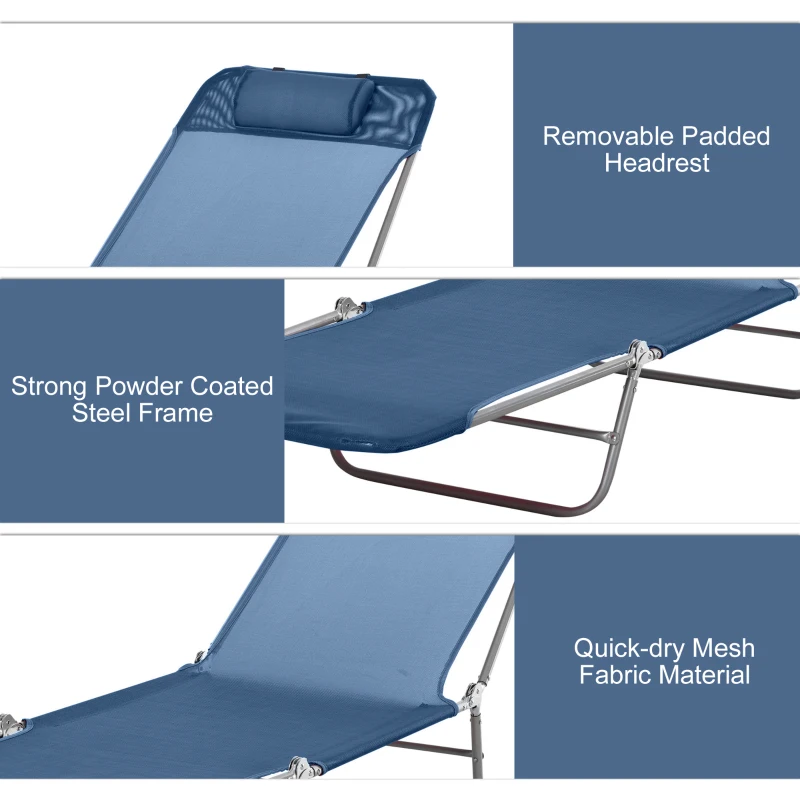 Outsunny Folding Chaise Lounge Chair, Pool Sun Tanning Chair, Outdoor Lounge Chair with Reclining Back, Breathable Mesh Seat, Headrest for Beach, Yard, Patio, Dark Blue