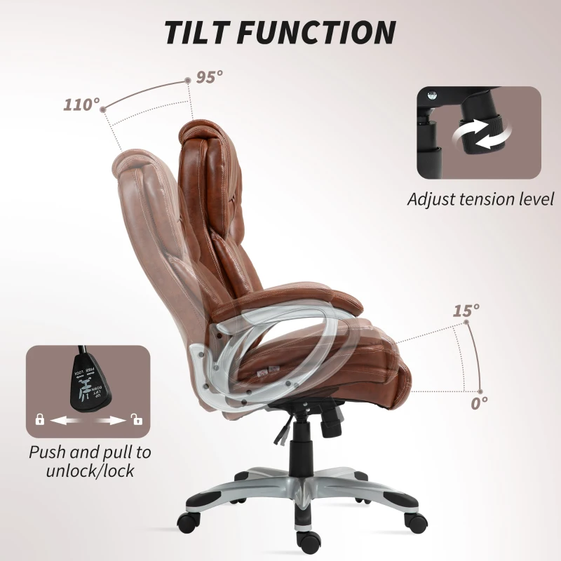 HOMCOM High Back Desk Chair with Swivel Wheels, Tilt Function, Executive Office Chair with Cushion & Adjustable Height, Brown