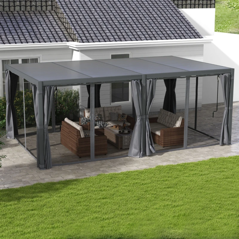 Outsunny 12' x 19' Aluminum Pergola with Adjustable Louvered, Outdoor Pergola with Curtains and Netting, Dark Gray