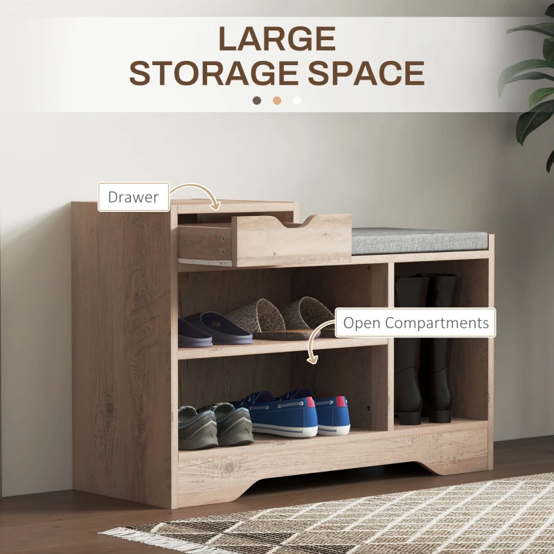 HOMCOM Upholstered Shoe Storage Bench, Hallway Shoe Storage with Seat, Drawer, 3 Open Shelves for Entryway, Grey