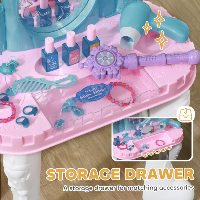 Qaba Kids Vanity Set with Mirror and Stool, Light, Music, Castle Design Makeup Table for Girls 3-6 Years, Multicolor