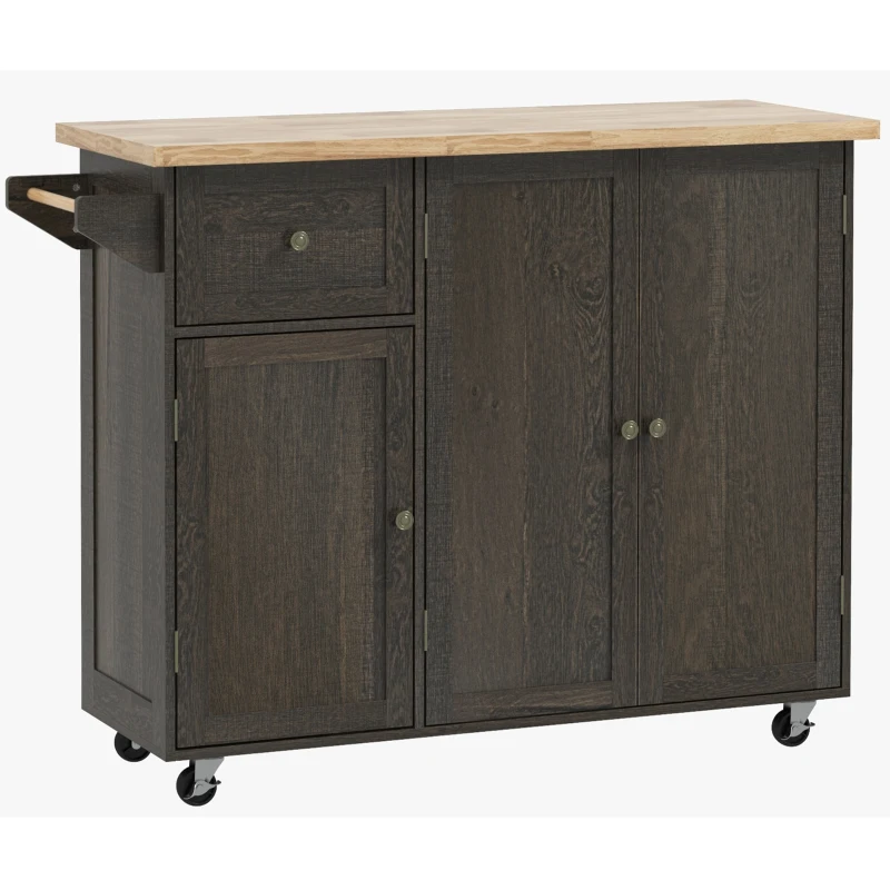 HOMCOM Triple-Cabinet Rolling Kitchen Island on Wheels, Kitchen Cart with Storage Shelf Adjustment, Rolling Utility Cart