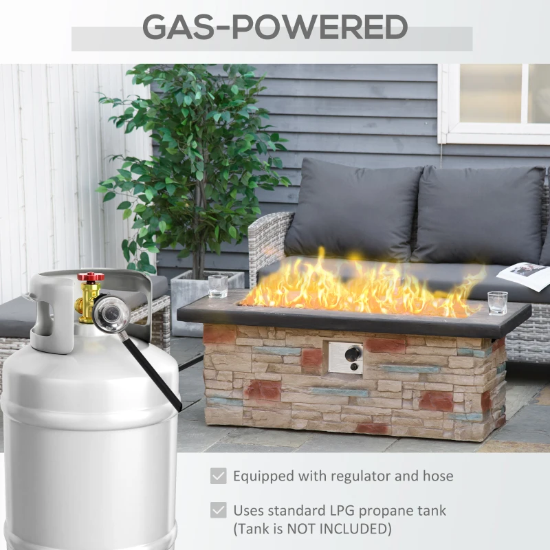 Outsunny 48 Inch Outdoor Propane Gas Fire Pit Table, 50,000 BTU Auto-Ignition Rectangular Faux Ledge Stone Gas Firepit with Lava Rocks and Rain Cover, CSA Certification, Brown