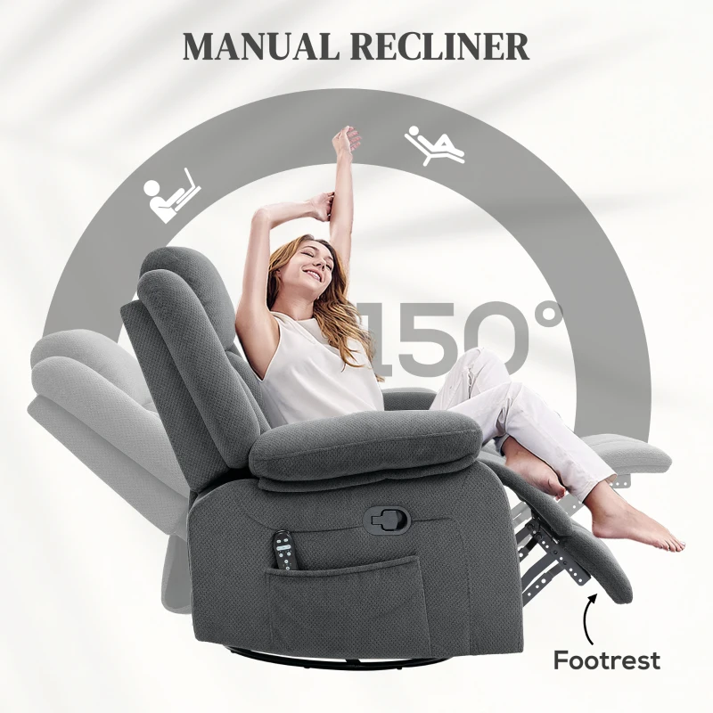 HOMCOM Recliner Massage Armchair with Heat, Oversized Swivel Rocker with Footrest, Remote and Side Pockets, Gray