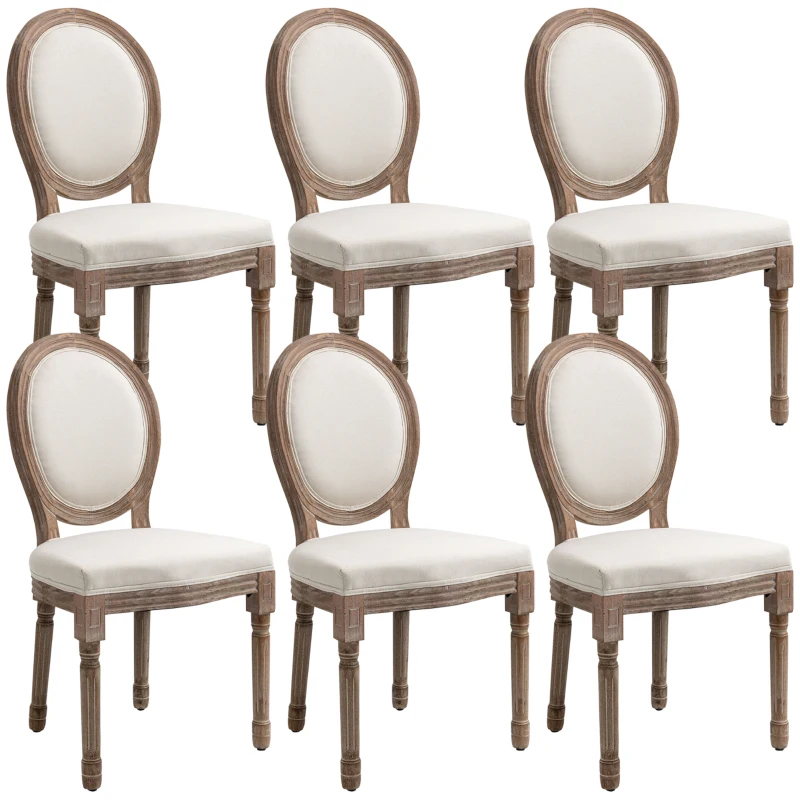 HOMCOM Vintage Armless Dining Chairs Set of 6, French Chic Side Chairs with Curved Backrest and Linen Upholstery for Kitchen, or Living Room, Cream White