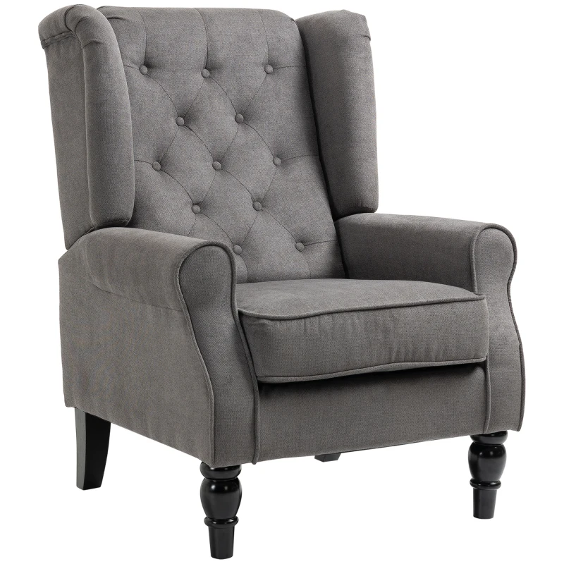 HOMCOM Fabric Accent Chair, Button Tufted Armchair, Armchair with Wood Legs, Thick Padding for Bedroom, Charcoal Grey