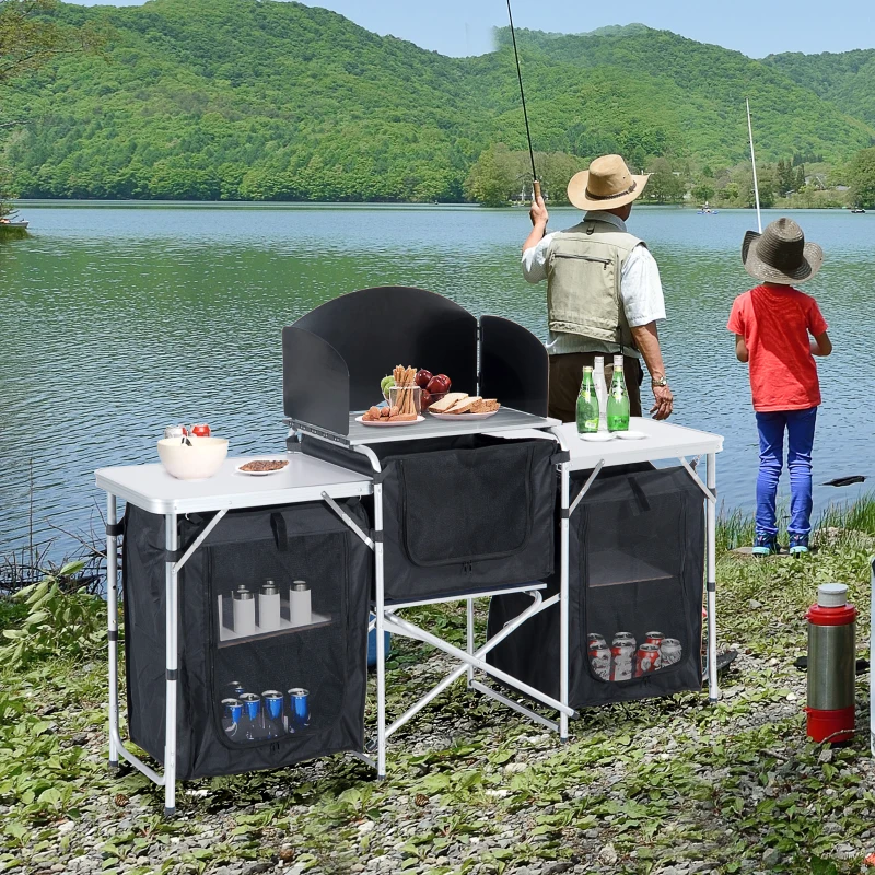 Outsunny Camping Kitchen Table, Aluminum Portable Outdoor Cooking Table, Fold-Up Cook Station with Windscreen and 3 Enclosed Cupboards for BBQ, Party, Picnics, Backyards
