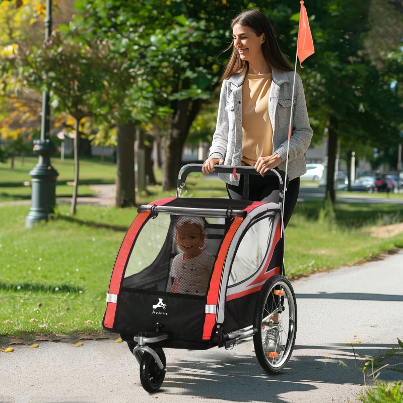 Aosom 2-in-1 Walk/Ride Child Baby Bike Trailer for Kids 2 Seater, High-Visibility Bike Stroller for Toddler Wagon, Weather-Strong Double Bicycle Trailer Accessory for Kids, Red