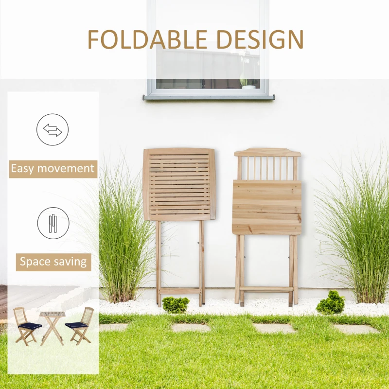 Outsunny 3 Pieces Patio Folding Bistro Set, Outdoor Pine Wood Table and Chairs Set with Tie-on Cushion & Square Coffee Table, Great for Indoor, Poolside, Garden, Dark Blue