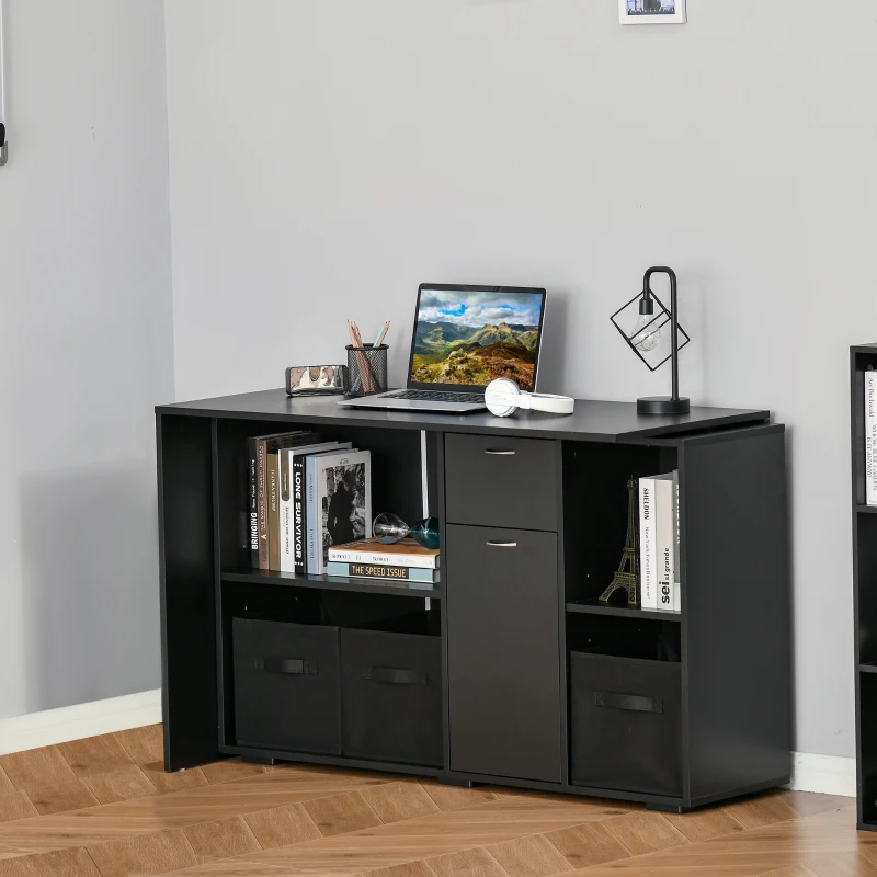 HOMCOM Convertible L-Shaped Computer Desk, Corner Table wth 3 Fabric Storage Boxes, Retractable Home Office Desk, Black