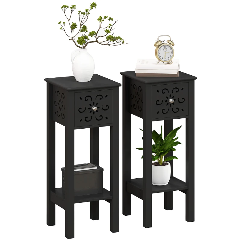 HOMCOM Nightstand Set of 2 with Drawer and Open Storage Shelf Black