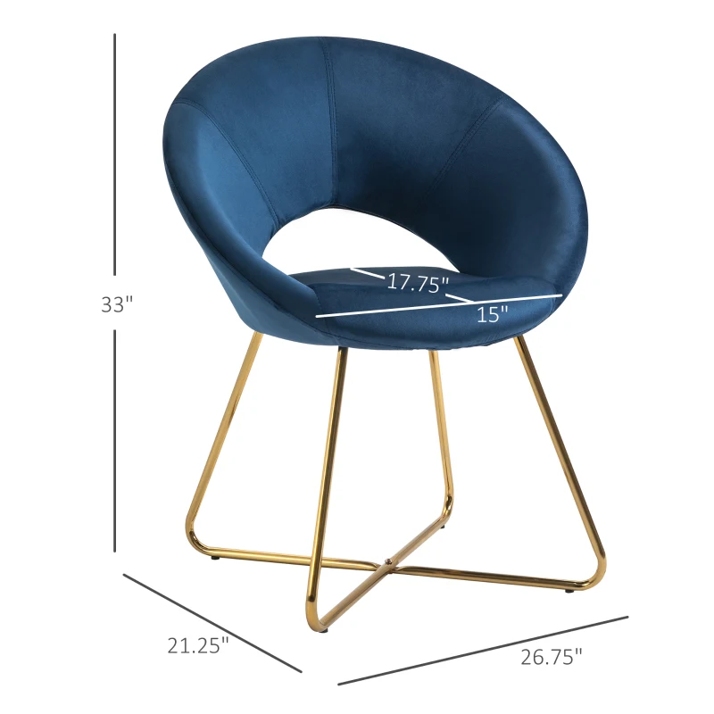 HOMCOM Modern Accent Velvet Chair Open Curved Mid-Back Upholstered Vanity Chair with Gold Plating Metal Legs for Living Room/Office/Reception Blue