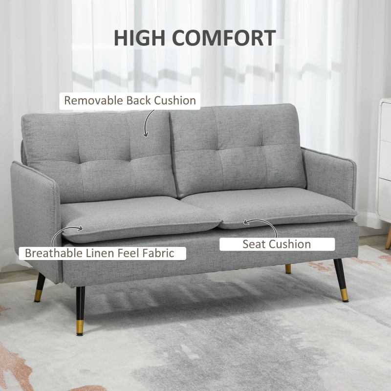 HOMCOM 55" Loveseat Sofa, Linen Love Seat w/ S spring, Steel Legs and Button Tufting, Small Couch for Living Room, Grey