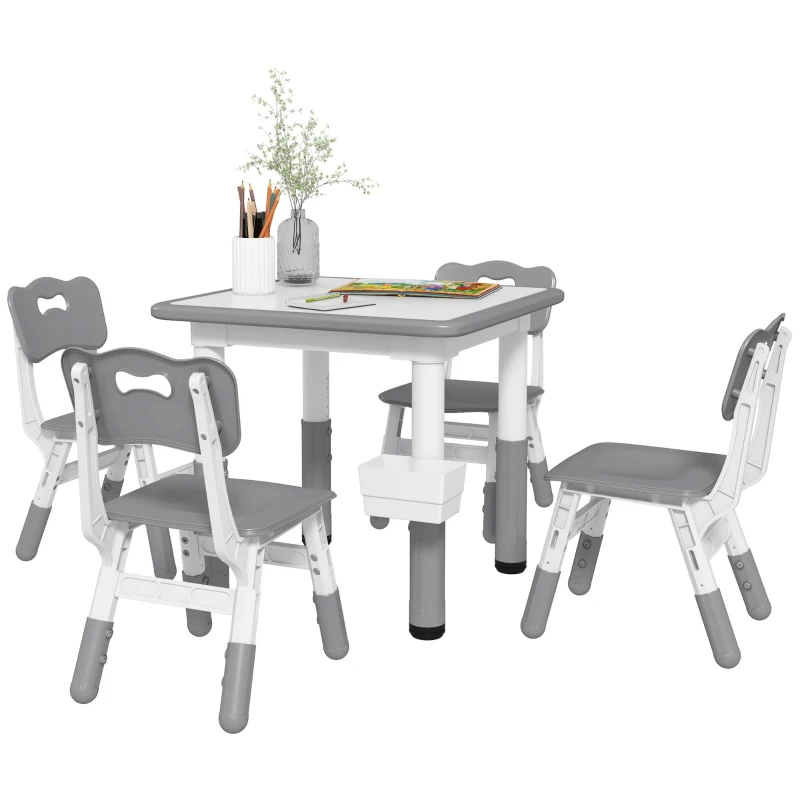 Qaba 5 Pieces Toddler Table and Chair Set, Height Adjustable Activity Table and Chair Set for Nursery Classroom, Grey