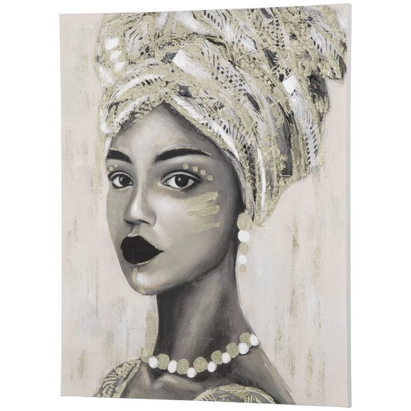 HOMCOM Hand-Painted Canvas Wall Art for Living Room Bedroom, Painting Gold African Woman, 39.25" x 31.5"