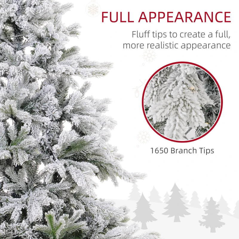 HOMCOM 7ft Artificial Prelit Christmas Tree with Warm White LED Light and Snow Flocked Branches, Metal Base