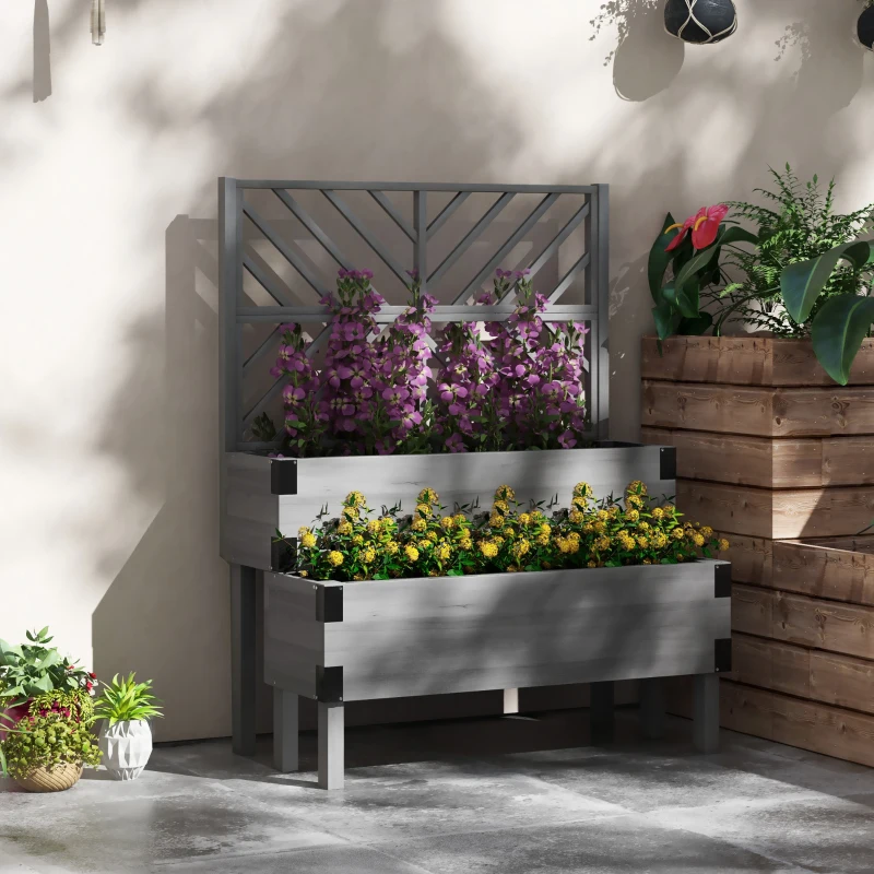 Outsunny 2 Tier Trellis Planter, Wooden Raised Garden Bed, Gray