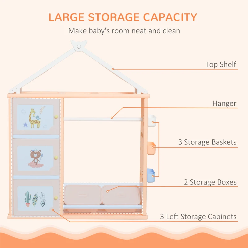 Qaba Kids Dress Up Storage, Multifunctional Kids Wardrobe Closet Hanging Rack Built for Kids Bedroom Storage, Featuring Bins, Cabinets, Top Shelf, and Drop-In Shelves, Orange